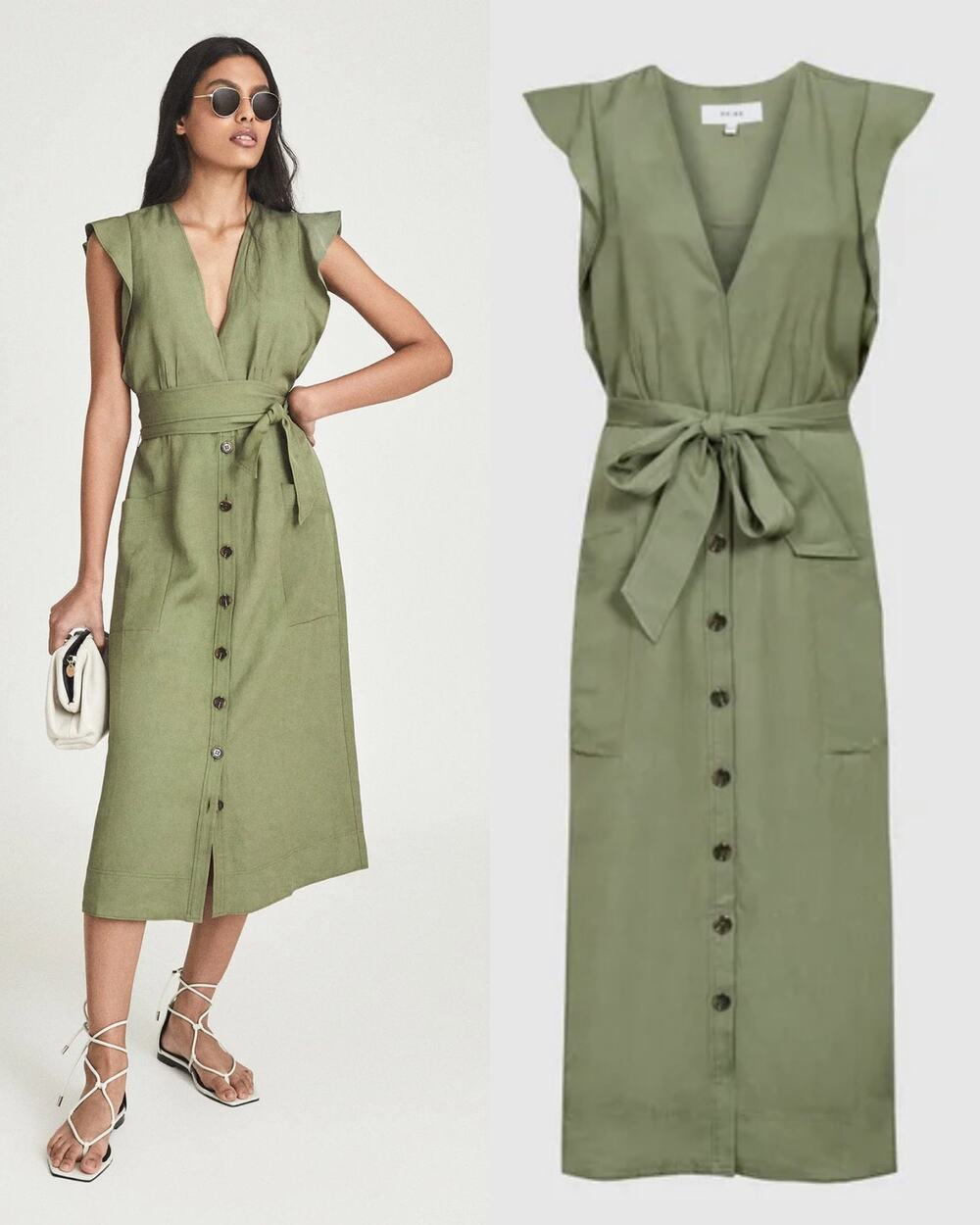 REISS Emma Linen Blend Midi Dress Size 8 NWT Green Sleeveless Shirt Dress Ruffle